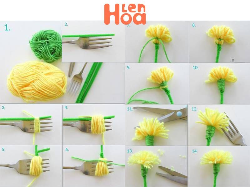 cách làm đồ handmade bằng len đơn giản, các bước làm hoa từ nĩa