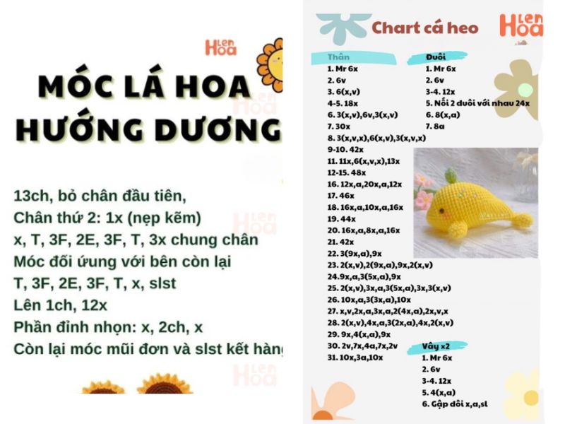 Chart móc cá heo, chart hoa hướng dương bằng len