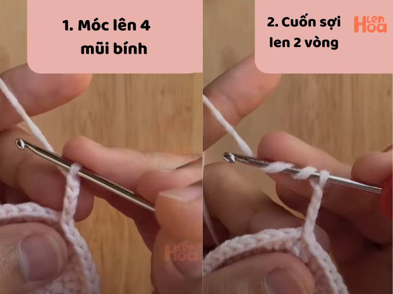 Móc 4 mũi bính và lấy 2 lần len ở bước đầu tiên